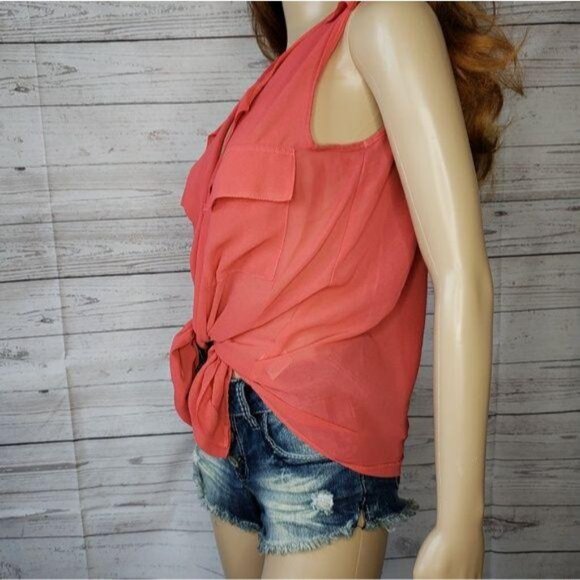 Cotton On Sleeveless Sheer Coral Blouse With Pockets tie up wear down pool sz S - Picture 6 of 10